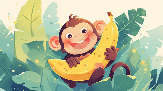 开心抱着香蕉的可爱卡通小猴子图片