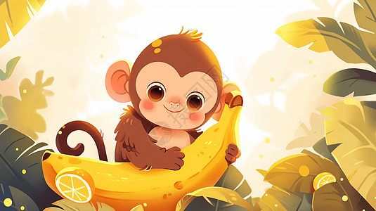 抱着香蕉的可爱卡通小猴子图片