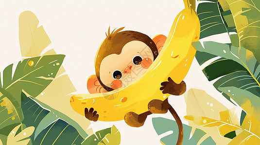 开心抱着香蕉的可爱卡通猴子图片