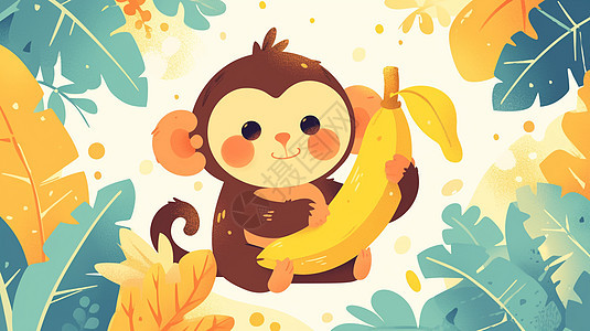 在植物丛林中抱着黄色香蕉的卡通小猴图片