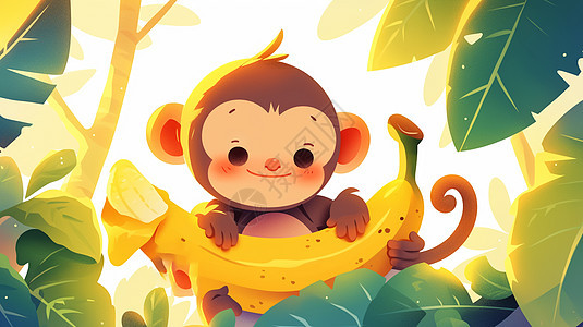 在植物丛林中抱着香蕉的可爱卡通小猴图片