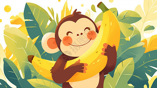 在植物丛林中抱着黄色香蕉的可爱小猴图片