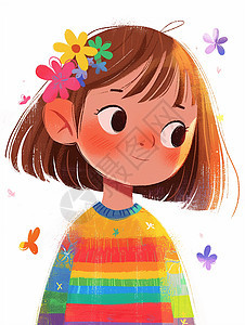 身穿彩虹上衣头上戴着小花的可爱卡通小女孩图片