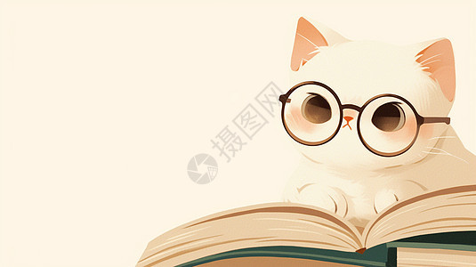 在打开的书籍上认真看书的卡通小猫图片