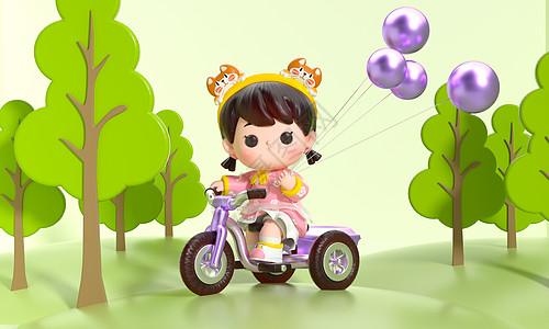 c4d立体卡通儿童节小女孩骑车玩耍场景3d插画图片