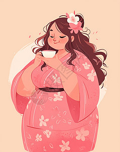 身穿粉色汉服优雅的端着茶杯喝茶的古风美女图片