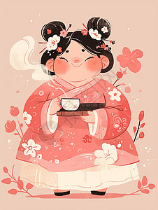 身穿粉色汉服优雅的端着茶杯喝茶的古风美女图片