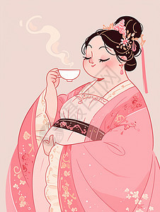 粉色汉服优雅的端着茶杯喝茶的卡通古风美女图片
