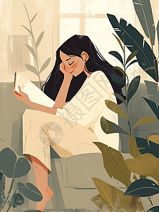 身穿白色衣服在满屋植物的房间内休息的卡通女孩图片
