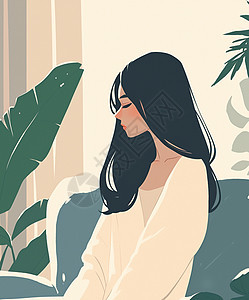 身穿白色衣服在满屋植物的房间内休息的卡通女孩图片