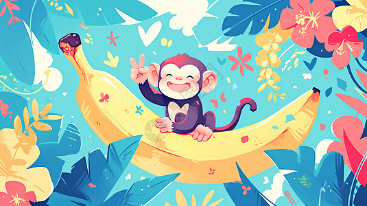 坐在大香蕉上比耶手势调皮可爱的卡通小猴子图片