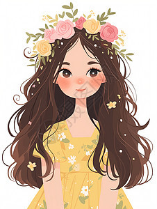 身穿黄色连衣裙头上戴着小花的卡通美女图片