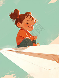 坐在纸飞机上飞翔的可爱卡通小女孩图片