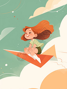 坐在纸飞机上飞翔的卡通小女孩图片