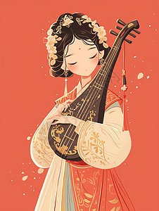 古风装扮弹乐器的卡通女孩图片