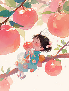 坐在树上开心吃桃子的小女孩图片