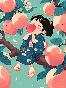 坐在树上开心吃桃子的卡通小女孩图片