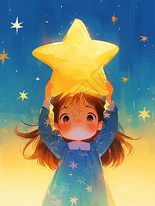 夜晚手拿着黄色星星的可爱小女孩图片