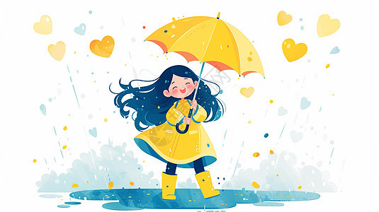 手举着雨伞穿着黄色雨衣的卡通女孩图片