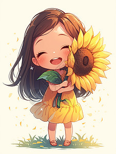 手拿着一朵太阳花的卡通女孩图片