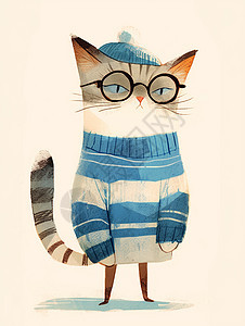 呆萌的卡通灰色小花猫身穿蓝条毛衣图片