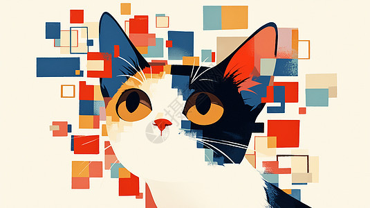 彩色块抽象可爱的卡通猫图片