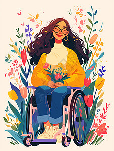 坐在轮椅上在花丛中开心笑的女孩图片