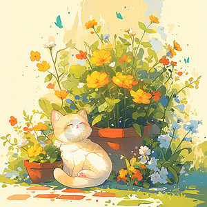 身边有美丽的卡通小花的可爱卡通小猫图片
