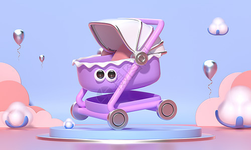 c4d立体卡通拟人婴儿用品婴儿车模型图片