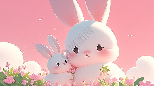 两只可爱的卡通小白兔在花丛中玩耍图片