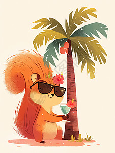 在椰子树下戴墨镜喝着饮料的卡通小松鼠图片