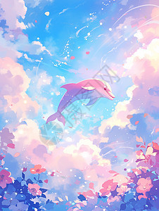 天空中飞游的一只可爱的卡通海豚梦幻场景图片