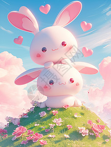 开满花朵的山坡山玩耍的可爱卡通小兔子图片