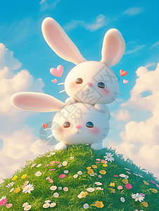 在开满花朵的山坡山可爱卡通小兔子图片
