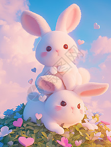 在开满花朵的山坡山玩耍的可爱卡通兔子图片