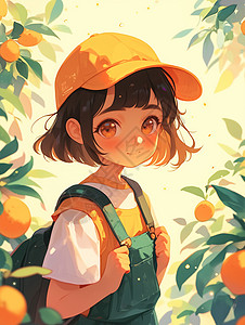 戴着帽子身穿背带裤的卡通小女孩站在橙子果园中图片