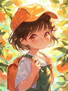 戴帽子身穿背带裤的卡通女孩站在橙子果园中图片