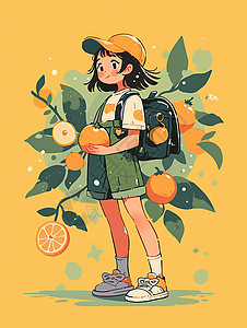 身穿背带裤的卡通女孩在橙子果园图片