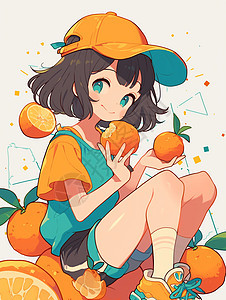 可爱的卡通小女孩与丰收的橙子图片