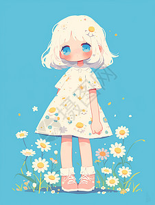 身穿白色连衣裙的可爱卡通女孩身边有几朵漂亮的卡通小雏菊图片
