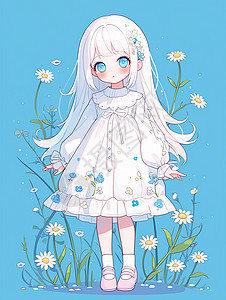身穿白色连衣裙的可爱卡通小女孩身边有几朵卡通小雏菊图片
