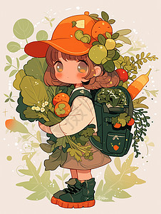 身上背着书包中装着很多蔬菜的可爱卡通小女孩图片