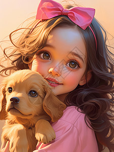 头上戴着粉色蝴蝶结抱着金毛犬的可爱卡通女孩图片