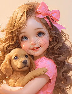 戴着粉色蝴蝶结抱着金毛犬的可爱卡通小女孩图片