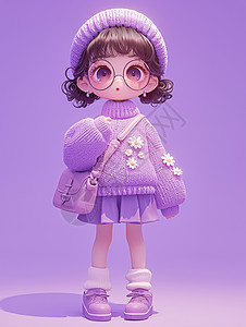 身穿紫色毛衣半身裙时尚卡通小女孩背着小包图片