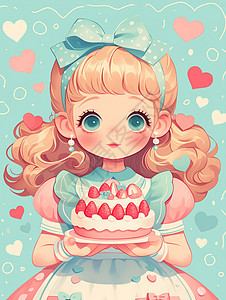 端着美味的蛋糕穿蓬蓬裙的可爱卡通小女孩图片