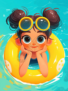 头上戴着游泳镜套黄色游泳圈在泳池游泳的卡通小女孩图片