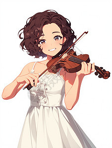 身穿白色连衣裙正在拉小提琴的卡通女孩图片