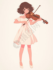 身穿白色连衣裙正在拉小提琴的卡通小女孩图片
