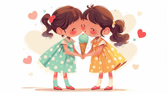 两个穿波点连衣裙的可爱卡通小女孩在一起吃一个冰激凌图片